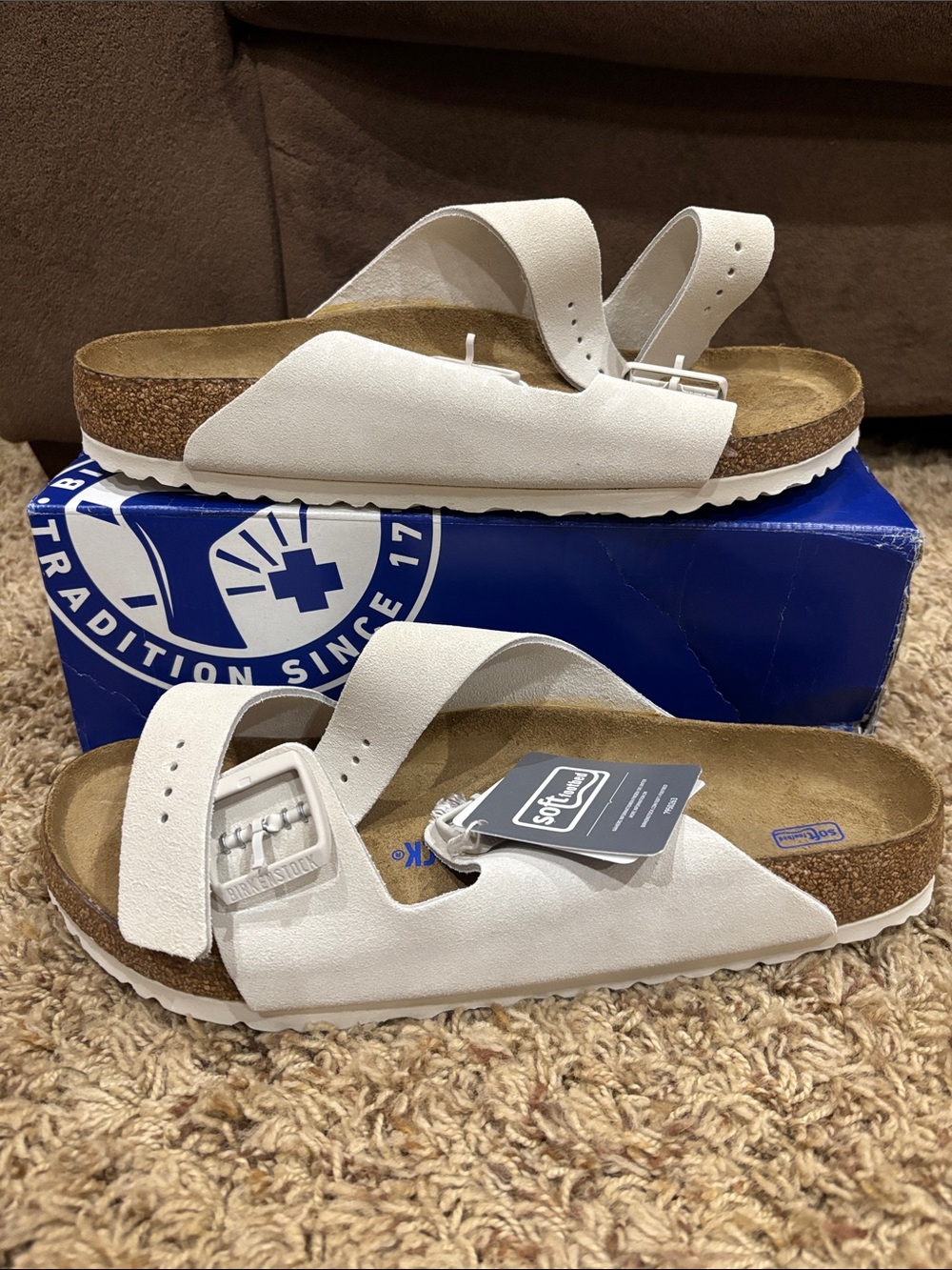 Men’s Birkenstock Arizona BS Modern Suede Antique White Leather Sandals Size 44